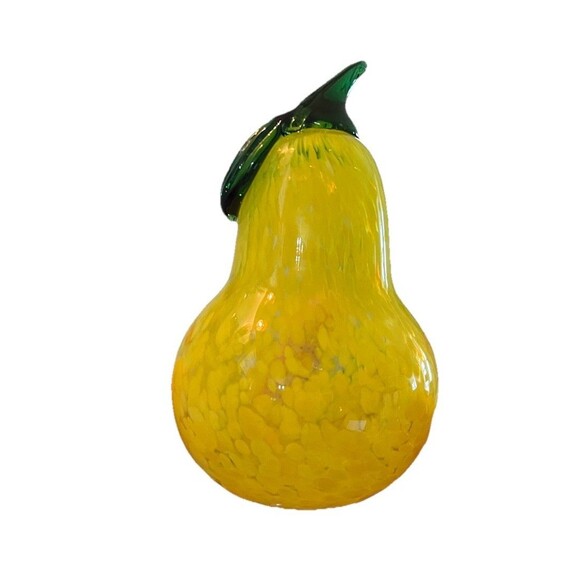 VTG Yellow Fused Blown Art Glass Pear Leaf Fruit Paperweight Mottled 4.75 - Picture 1 of 7